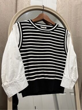Sleeveless Knit Vest in Black & White Stripe Aaron and Amber